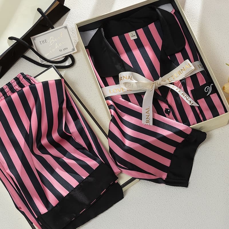 Women's Pajama Set, Spring And Autumn, Ice Silk Long Sleeved Set, Ice Silk Striped Style, Can Be Worn Outerwear Or As Home Wear