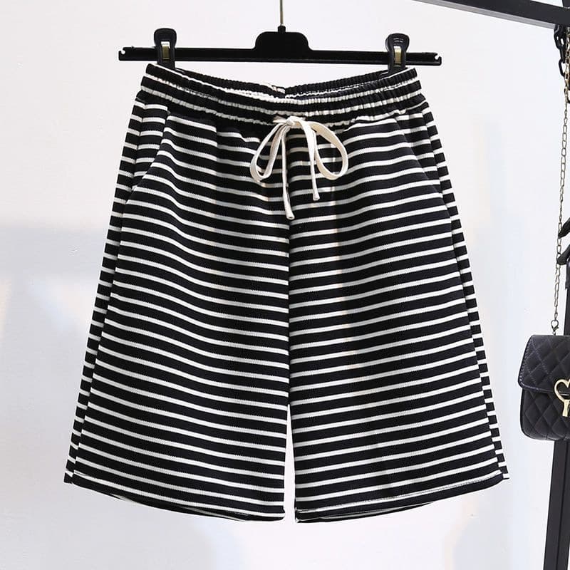 Black And White Striped Shorts Women's Summer New Five Point Wide Leg Pants Casual Running Sports Hot Pants Ins Slim