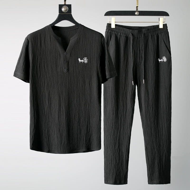 Men's Clothing Short Sleeved Ice Silk Linen Suit Men's Summer Large Size Loose Mid Sleeve T Shirt Cotton And Linen Two Piece Suit
