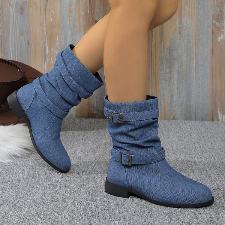 Women's Shoes large size buckle denim buckle fashion boots 2024 autumn and winter new square heel round head outdoor women's boots
