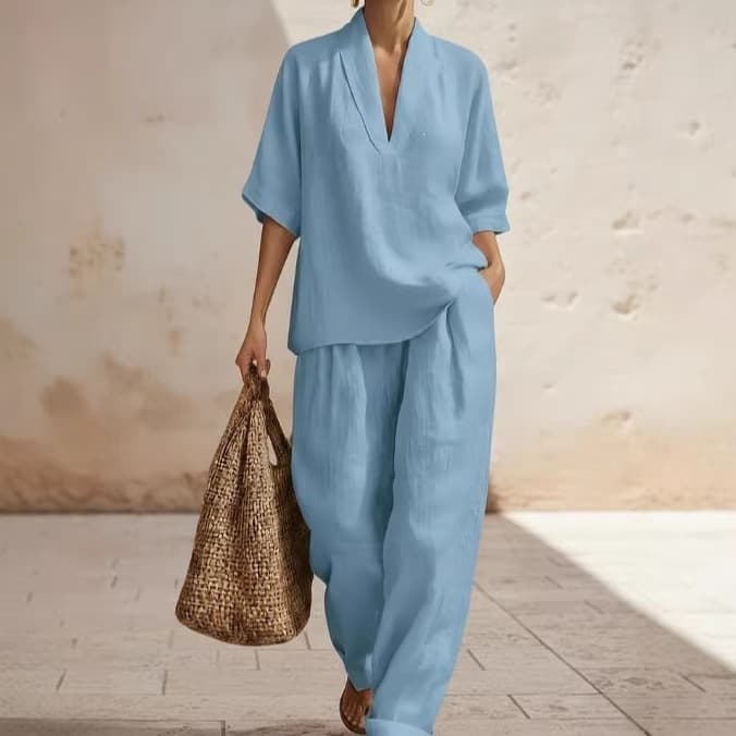 Women's Solid Color Linen Two Piece Set Casual Comfortable Minimalist Spring/Summer mid Waist Full Length Pants European American Style