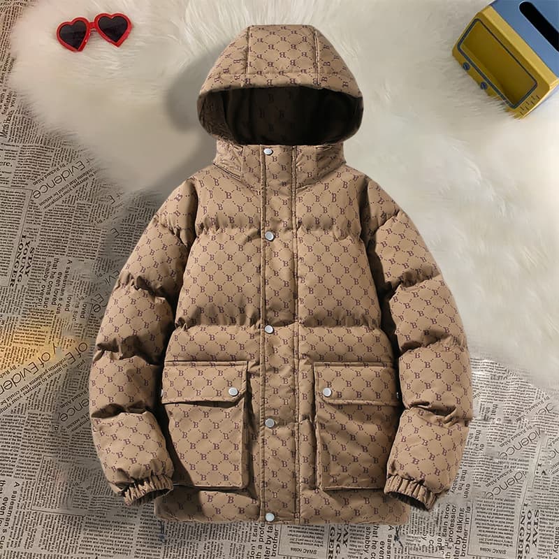 ​​Men's Oversized Hooded Puffer Jacket With Print Design, Thickened Winter Coat For Casual Wear (Black, Printed Black, Brown, Blue)​​