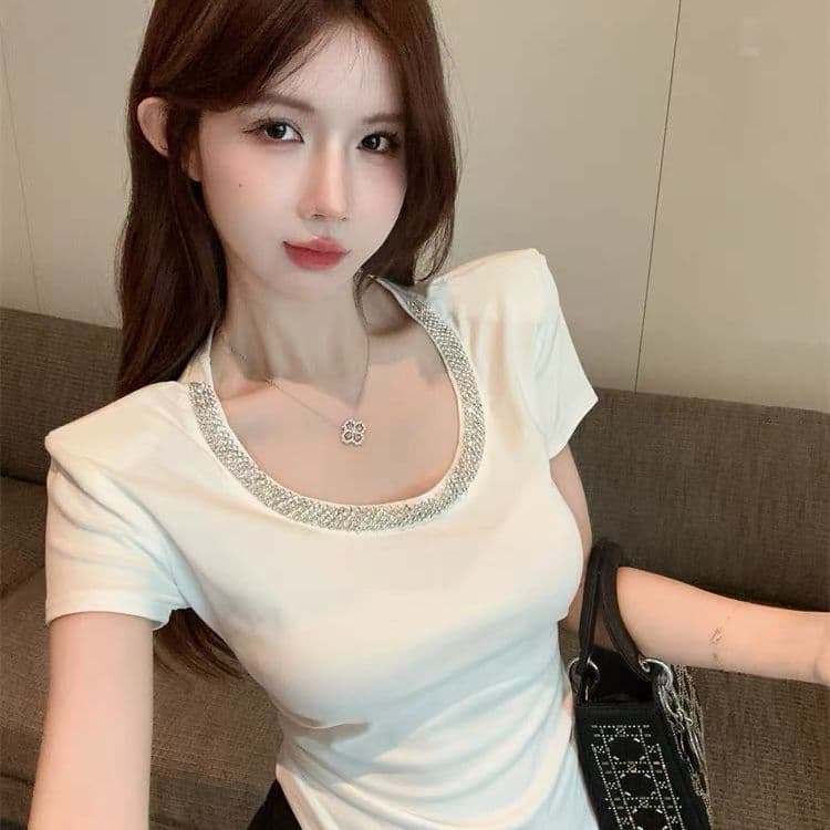 Ng2510292 Heavy-duty Rhinestone-embellished Round-neck Short-sleeve T-shirt For Women, New Summer Style, Pure Alluring, Sweet