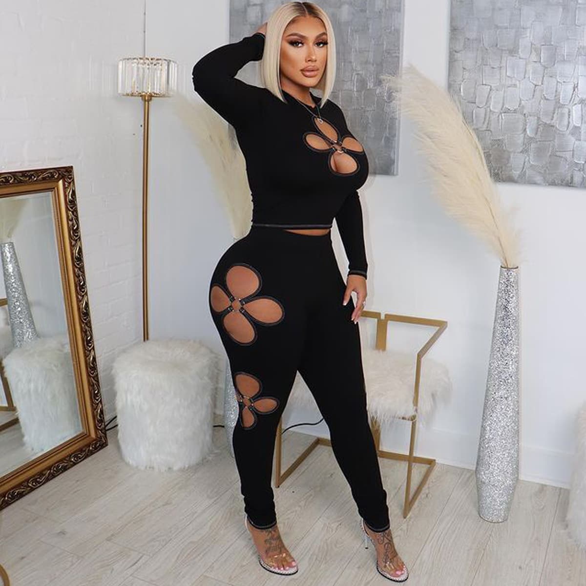 Women's Clothing elastic pit strip four leaf hollow two piece sexy suit