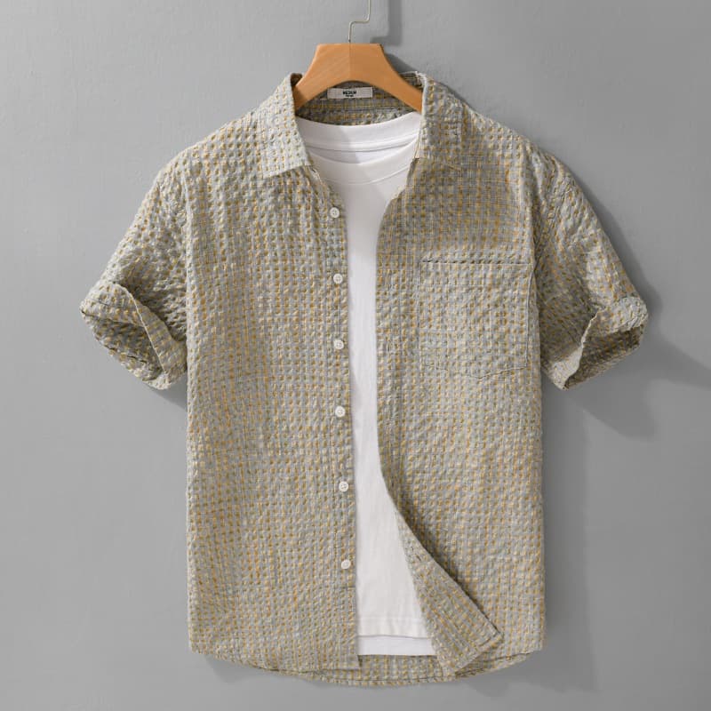 Summer Woven Plaid Bubble Sand Short Sleeved Shirt Men's Trendy Brand Loose And Versatile Plaid Half Sleeved Shirt