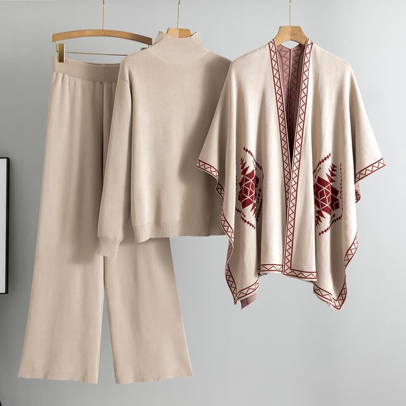 Women's Clothing loose lazy high necked sweater outer wear shawl cape coat wide leg pants three piece suit women autumn and winter