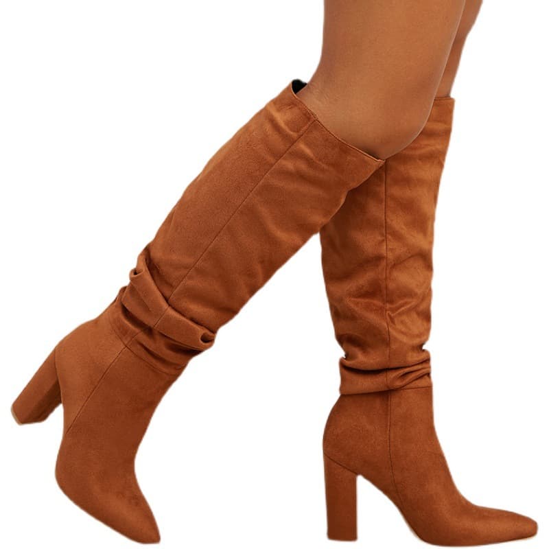 Women's Fashionable Pointed-Toe Over-the-Knee Boots With Chunky Heel - Genuine Leather, Slip-On Design, Breathable Mesh Lining, Winter Ready