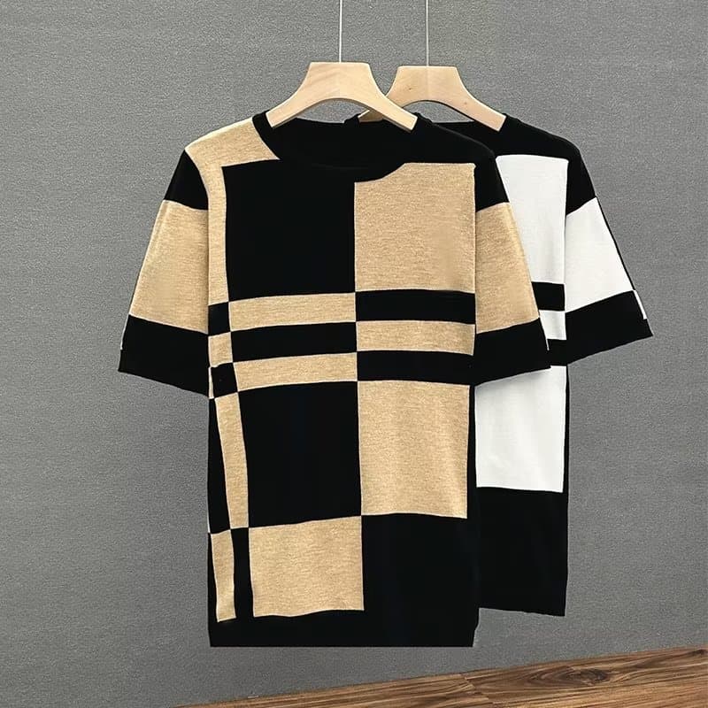 Men's Clothing Knitted sweater striped short sleeved men's new summer trend comfortable breathable casual round neck all match large size t shirt
