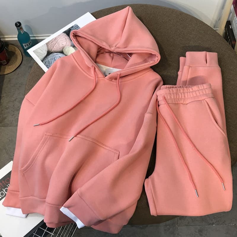 Women's Clothing New Autumn And Winter Thickened Velvet Hooded Sweatshirt Women's Suit Solid Color Sports Leisure Fashion Two Piece Top