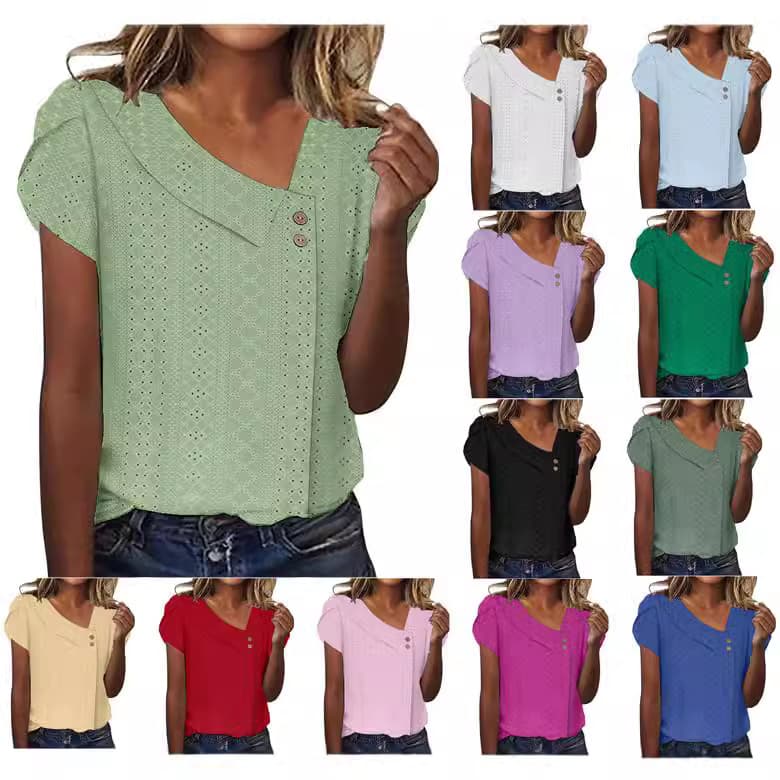 Women's Clothing Pullover V Neck Solid Color Button Top Summer Short Sleeved Loose Women's T Shirt