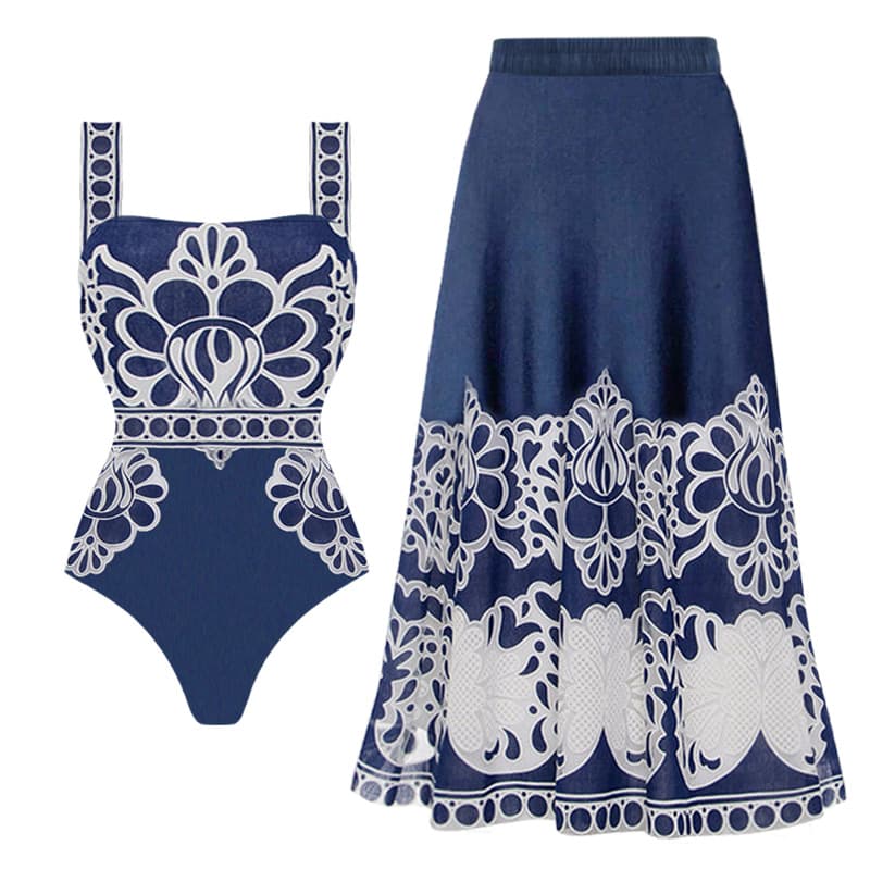 Women's National Style Printed One-Piece Swimsuit - Floral Ethnic Design Bathing Suit