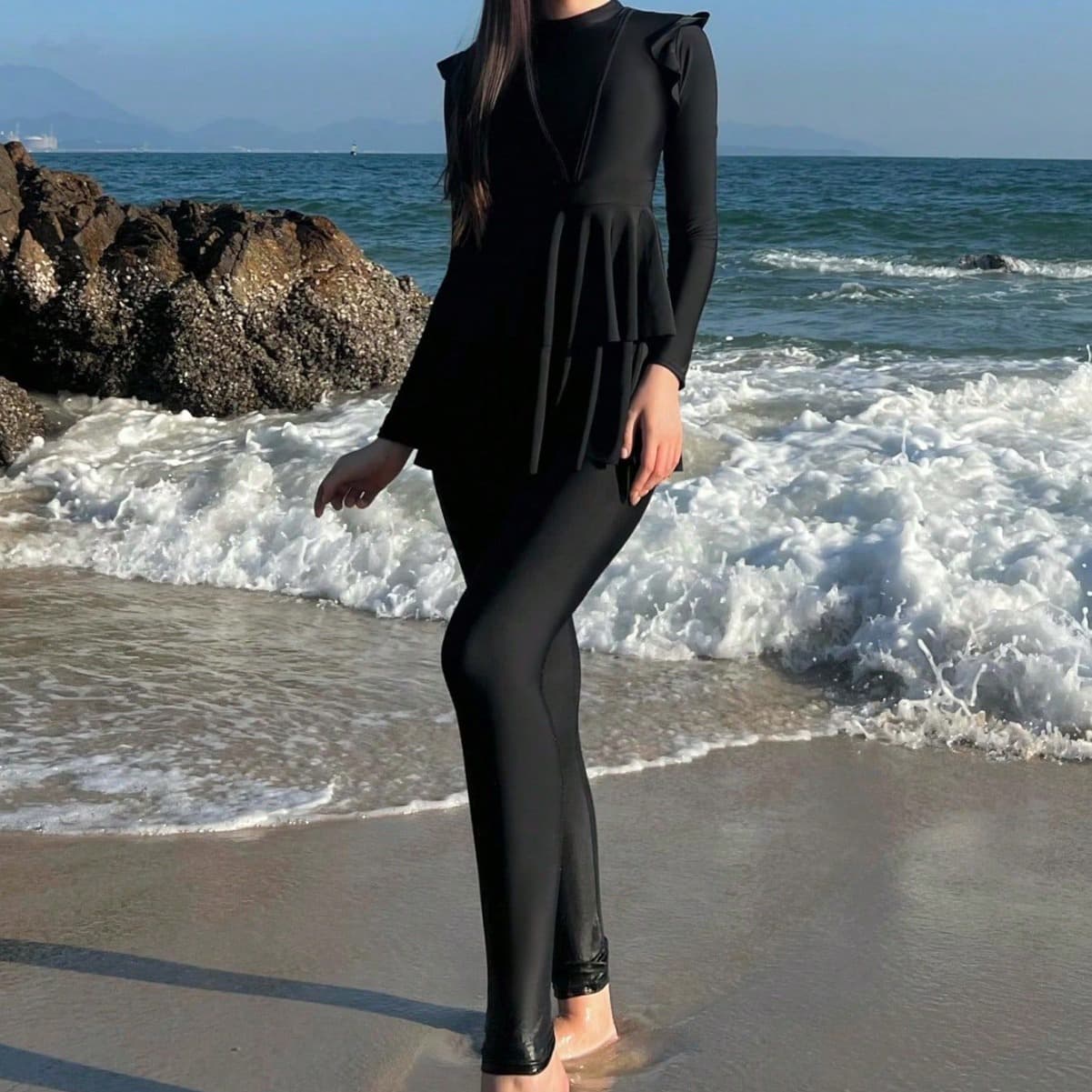 Women's swimsuit split two-piece set ruffled long-sleeved trousers conservative flesh-covering swimsuit