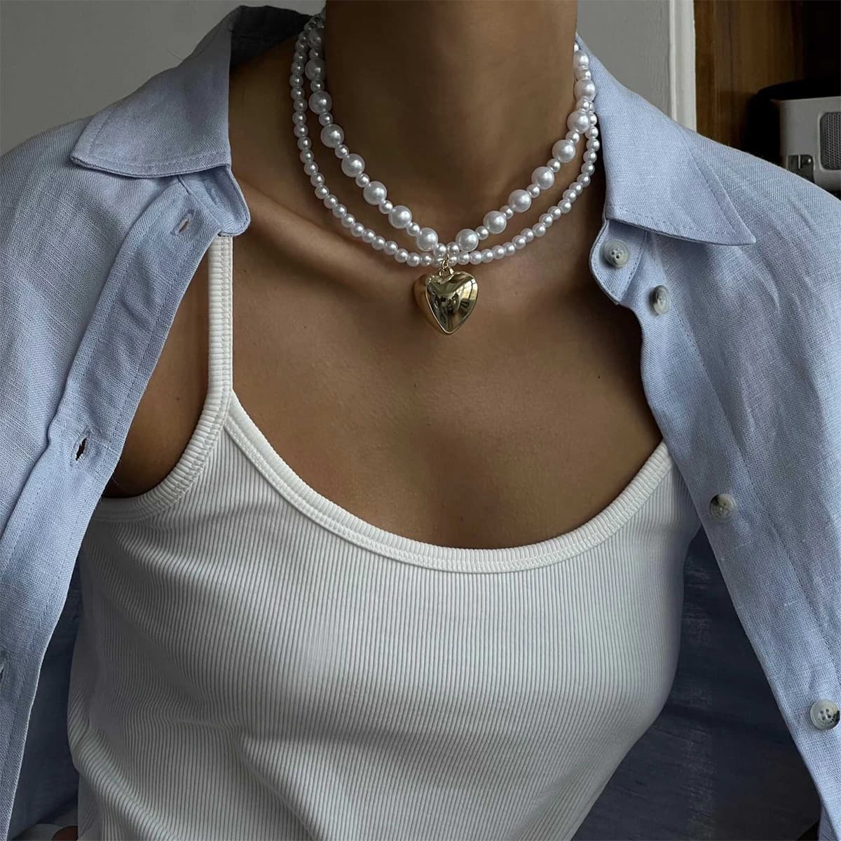 Chain Necklace Pendant Necklace Double-Layer Pearl Necklace Fashionable Light Luxury High-End Rococo Style Gold Heart Pendant