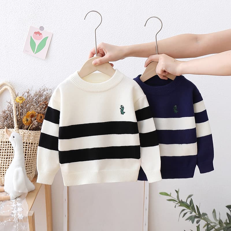 ​​"Boys' Striped Knit Sweater – Soft Cotton-Blend Pullover For Autumn & Winter – Classic Crew Neck – Royal Blue/Greyish/Opalescent (90-130cm)"​​