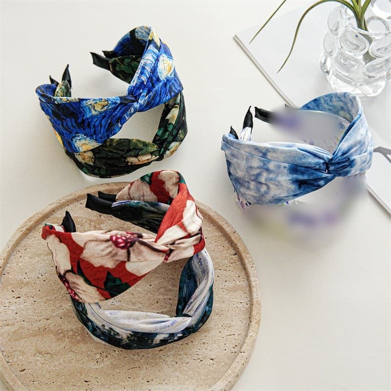 Summer New High Skull Top Cross Oil Painting Version Fashion Wide Edge Versatile Headband Women Printed Hair Accessory