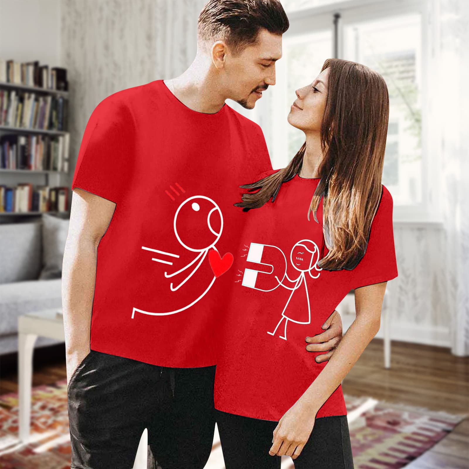 Women's Valentine's Day T-shirt new couple's stick figure print short-sleeved T-shirt