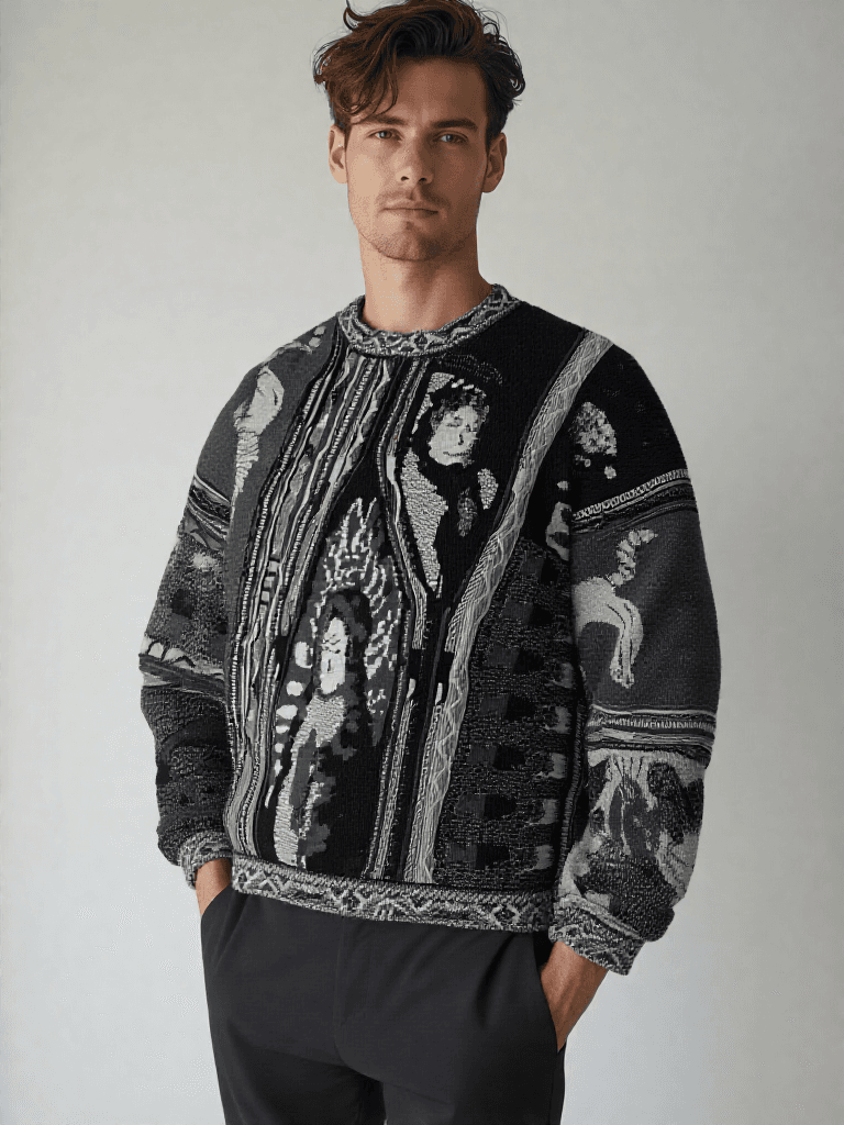 9 Reto 8 Casual Tend Fashion National Autumn 3 Winte New Thick Knit 3D Digital Pint Men's Cew Neck Sweatshit