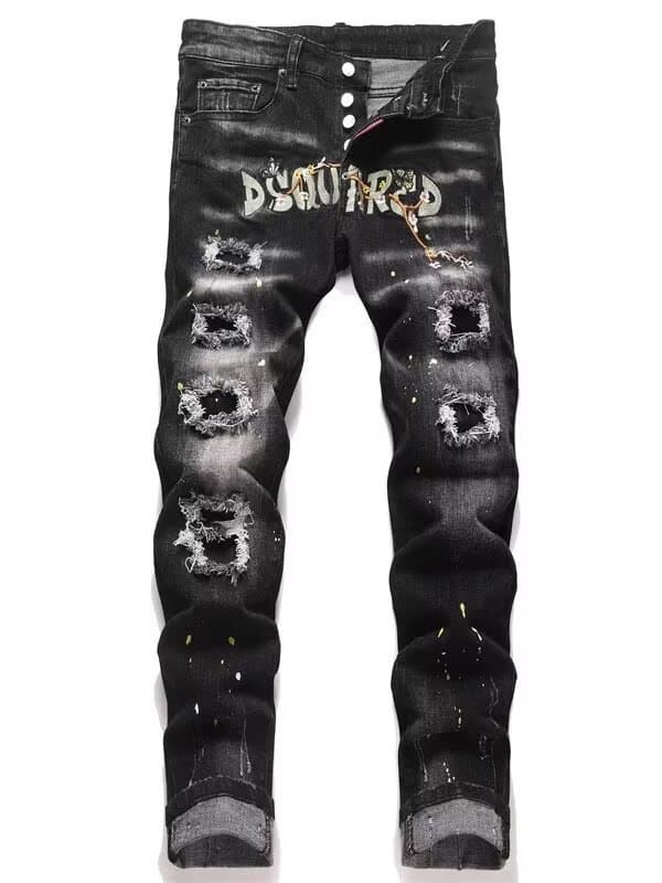 Jean homme tendance à écusson déchiré et brodé, coupe slim décontractée, marque branchée, pantalon long taille mi-haute en mélange de coton