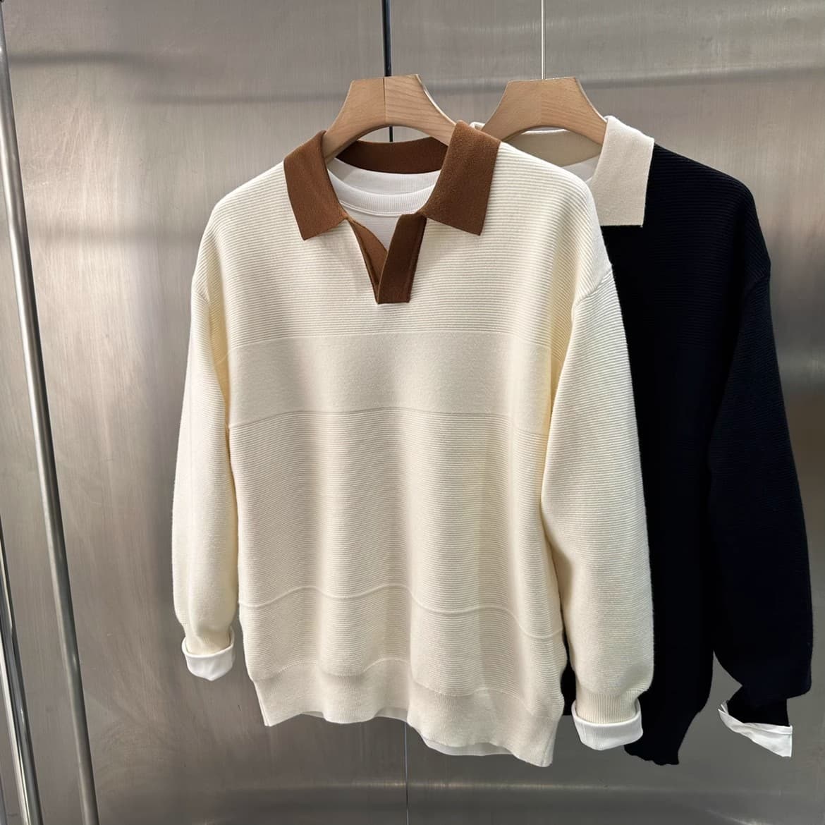 Men's Clothing 2024 autumn trend niche polo lapel color matching knitted sweater men's high quality casual bottoming sweater