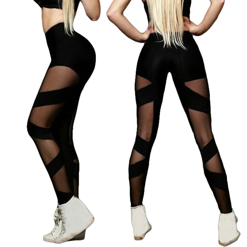 Women's Patchwork Cross Sports Pants Sexy See-through Mesh Yoga Pants Patchwork High Spring Fitness Pants