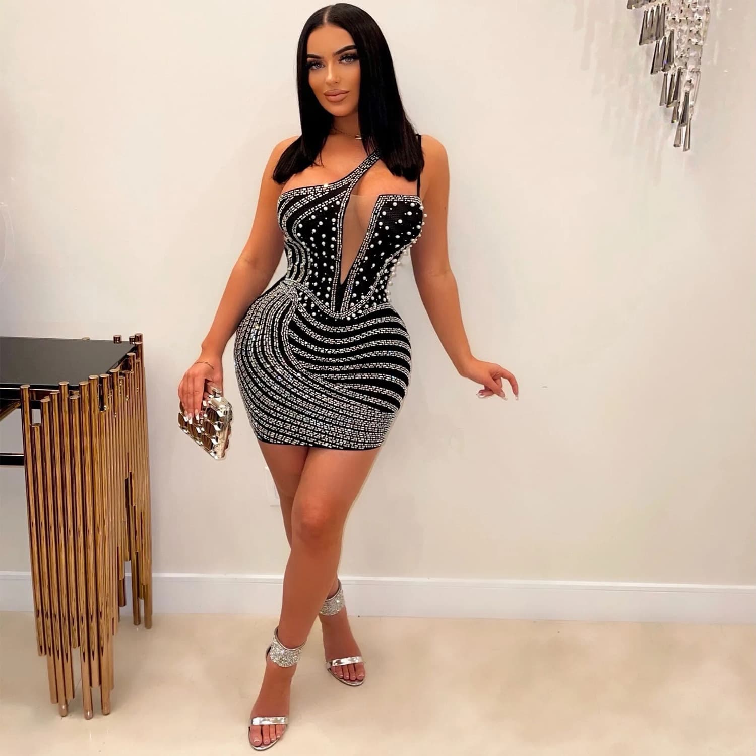 cross Border European And American Chest Wrap Slim Sexy Hot Diamond Pearl Irregular Hip Dress Short Skirt Women's Clothing