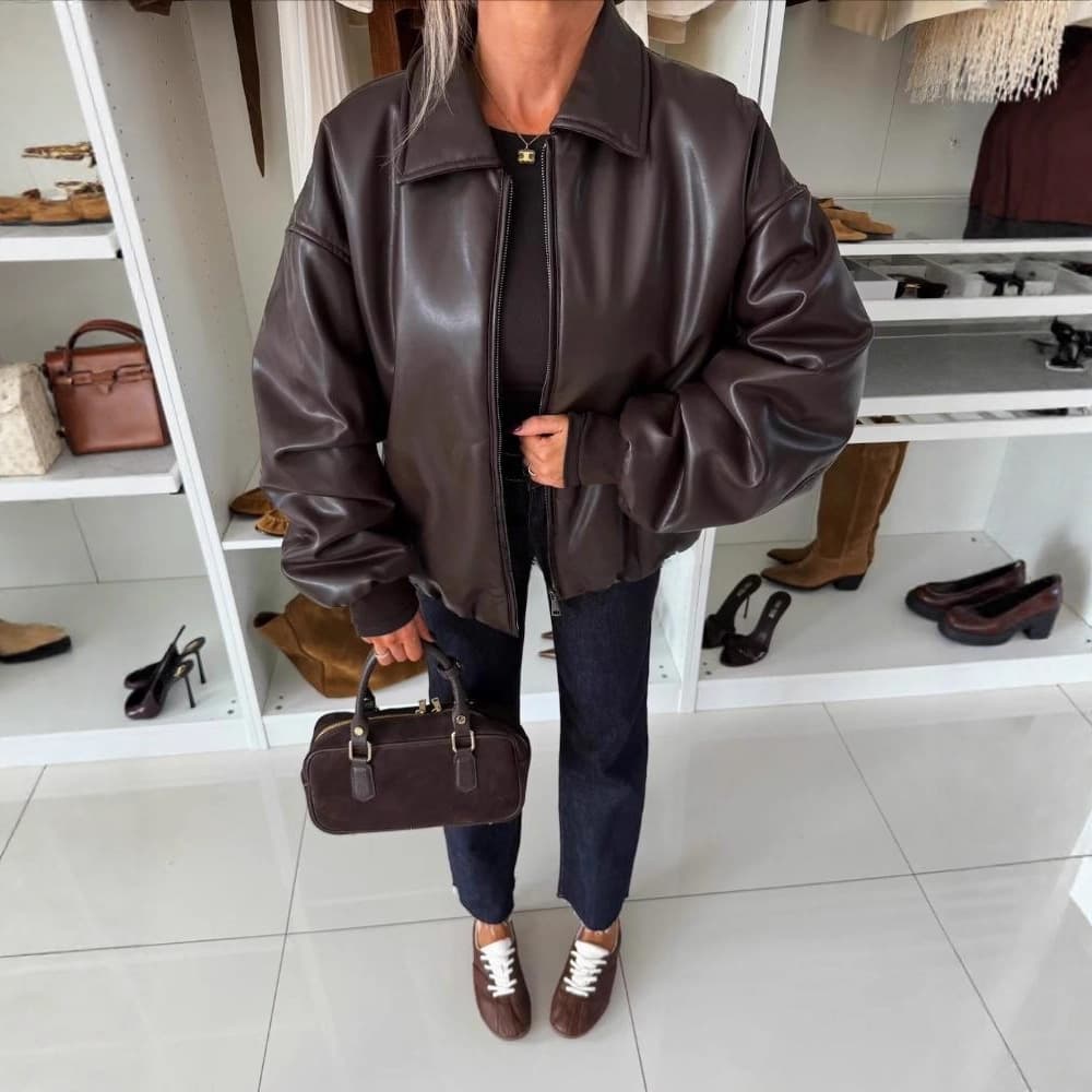 ​​Women's PU Leather Jacket – Autumn/Winter Faux Leather Coat (Black/Brown/Olive Green, S-L)​​