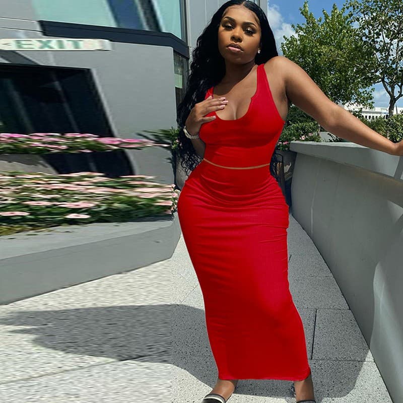 Women's Clothing Summer New Fashion Casual Vest High Waist Hip Long Skirt Ribbon Casual Two Piece Suit Women