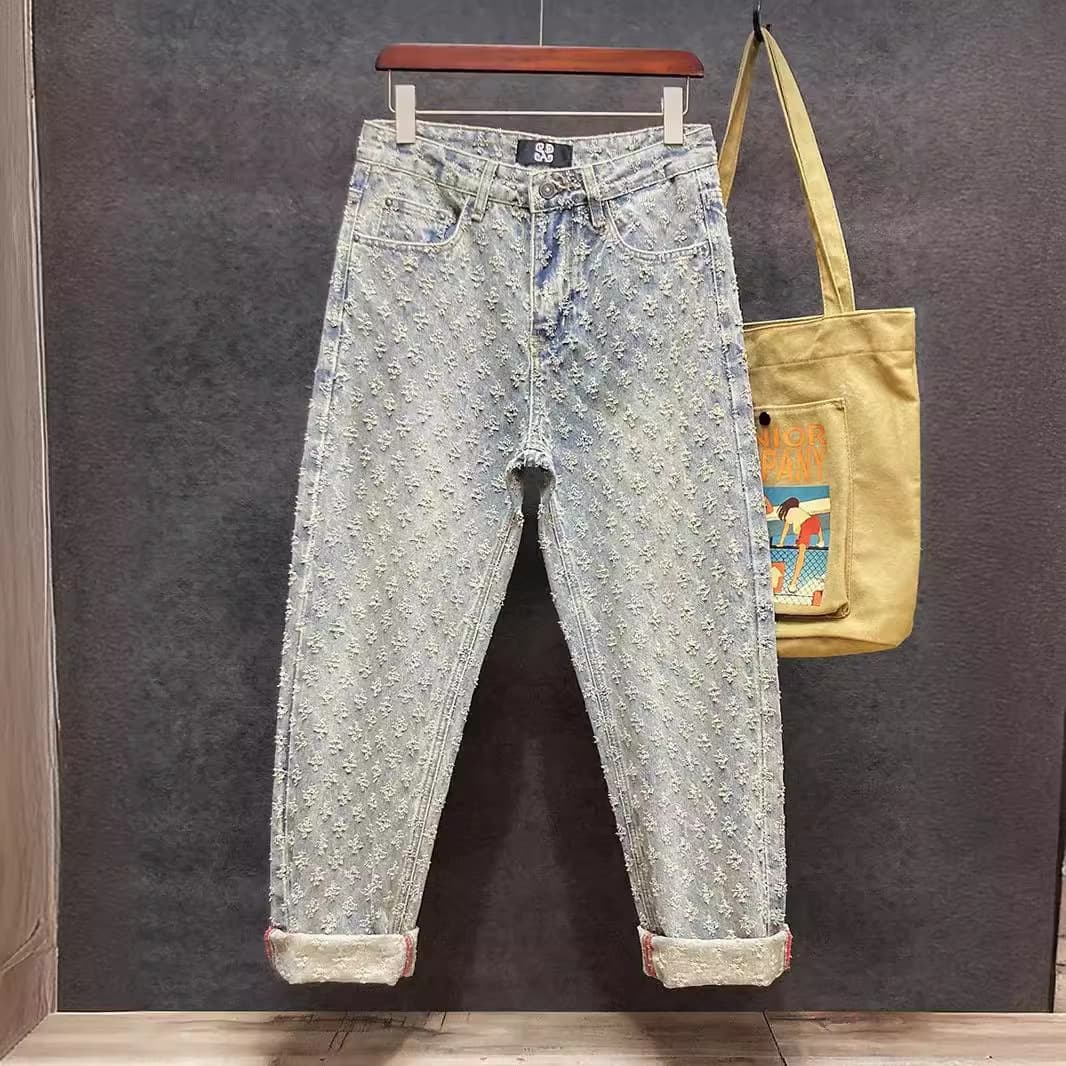 Men's Clothing Designer niche jeans casual versatile men's spring and summer trousers ripped jacquard retro wide leg