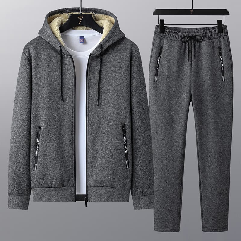 Men's Clothing Winter Plus Velvet Thickened Suit Men Hooded Cardigan Jacket Casual Sweatpants Warm Youth Lambskin