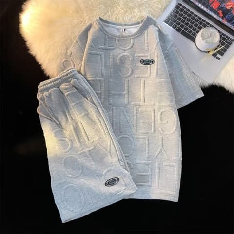 Women's Clothing Casual sports suit waffle trendy brand college style short sleeved T shirt loose letter shorts summer two piece suit