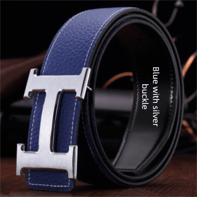 Ceinture classique de luxe pour homme, en cuir véritable de haute qualité avec boucle lisse et inscription.