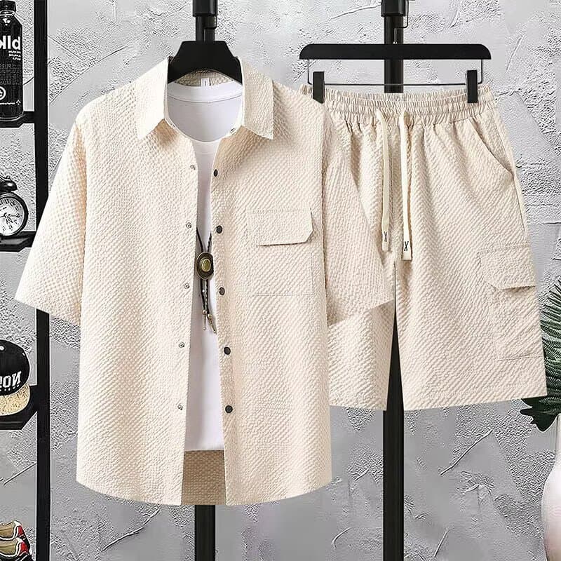 Men's Hong Kong Style Short Sleeved Shirt Suit Summer Trendy Handsome Thin Cargo Shorts Two Piece Casual Set