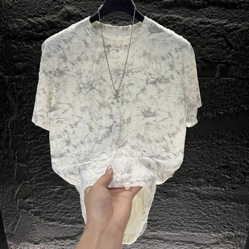 Men's Clothing Men's Trendy Short Sleeve T-Shirt Tie Dye Ripped High End Ice Silk Cool Versatile Old Money Style Top For Casual Wear