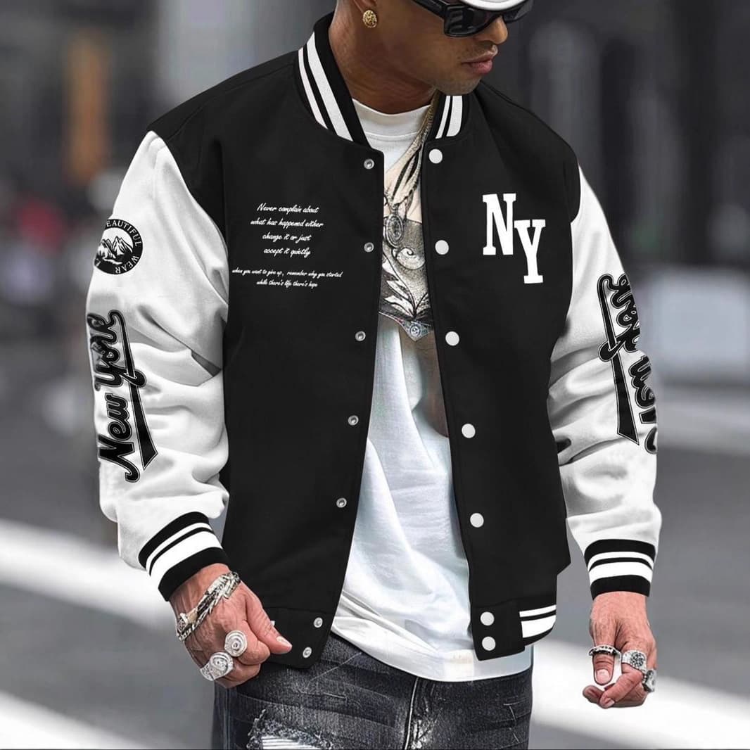 Men's Letter Print Baseball Jacket – Oversized Varsity Bomber With Stand Collar (XS-3XL, 8 Colors, 100% Polyester, Punk Streetwear)