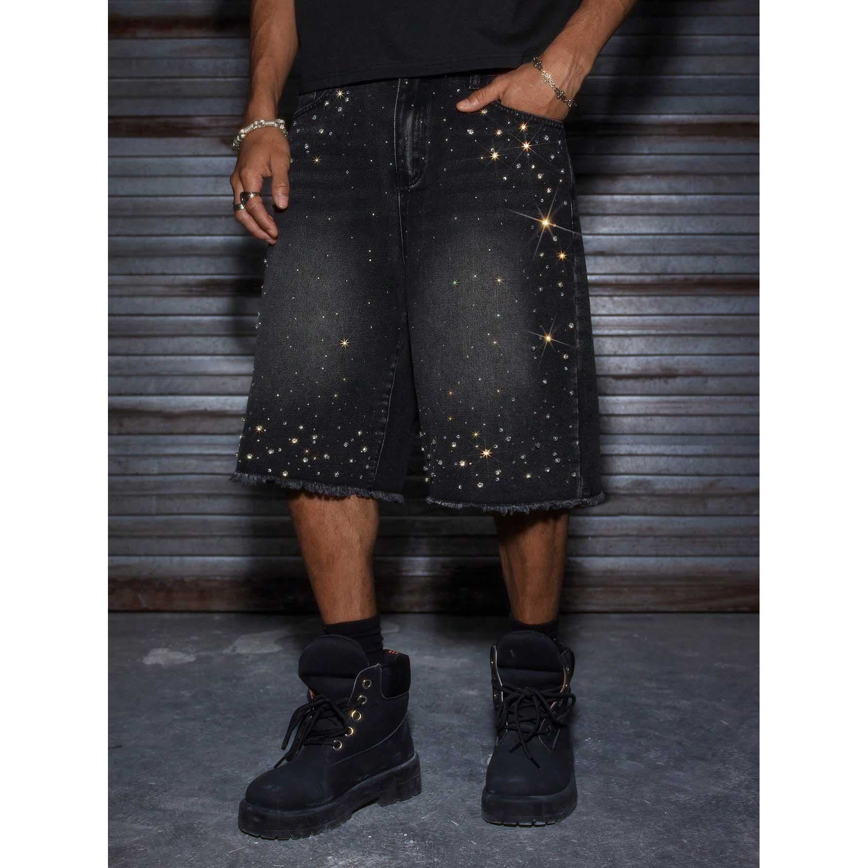 Men's Distressed Denim Shorts With Rhinestone Details - European Fit Straight Leg Summer Casual Shorts For Men (Black, S/M/L/XL)