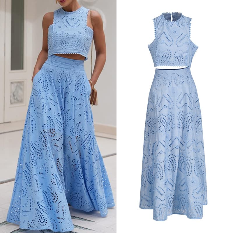 Women's Clothing Round Neck Sleeveless Waist Vest High Waist Skirt Embroidery Two Piece Suit
