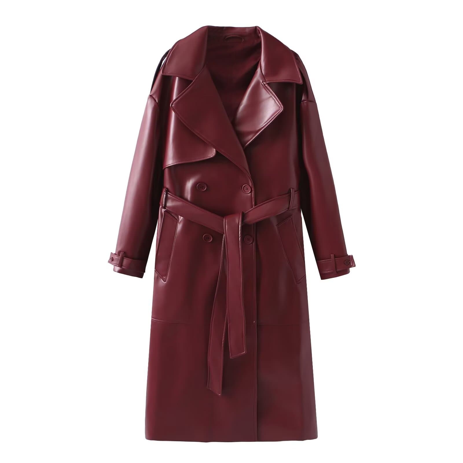 Elegant Trench Coat For Women – Slim Fit Long Faux Leather Windbreaker (Burgundy/Dark Brown, S-L)