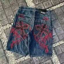 Men's Clothing Fully Embroidered Denim Shorts High Street Gothic Style Loose Wide Leg Shorts