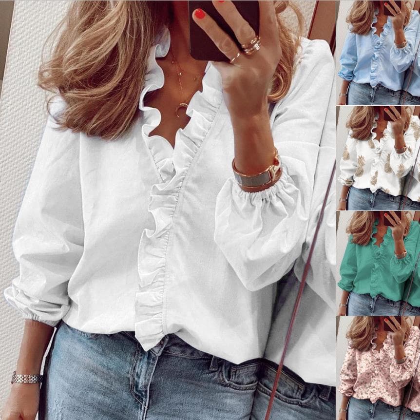Women's fashion long sleeve ruffled shirt blouse