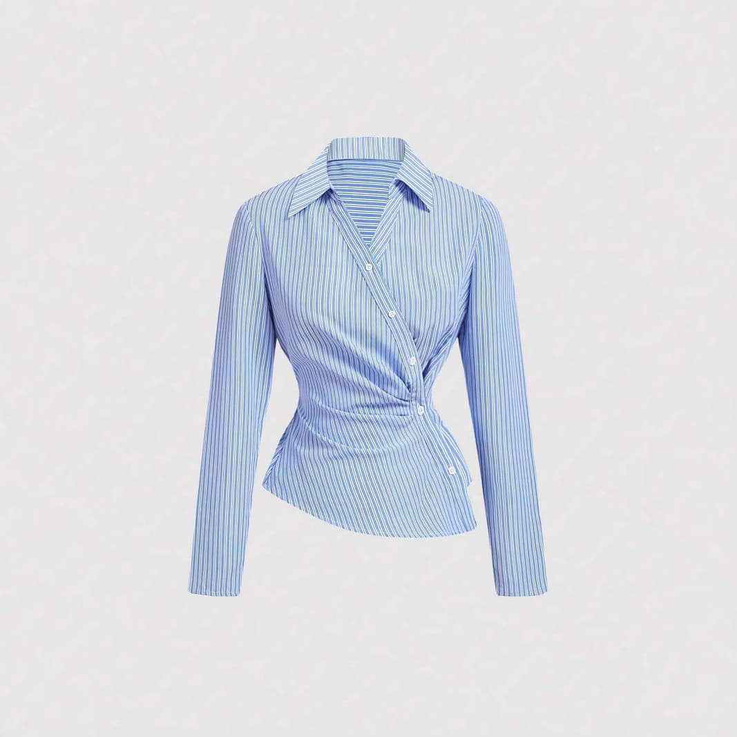 Women's Clothing Striped Asymmetrical Long Sleeved Women’s Blue & White Striped Asymmetrical Blouse – Twist Knot Detail, Long Sleeve, Casual Chic​