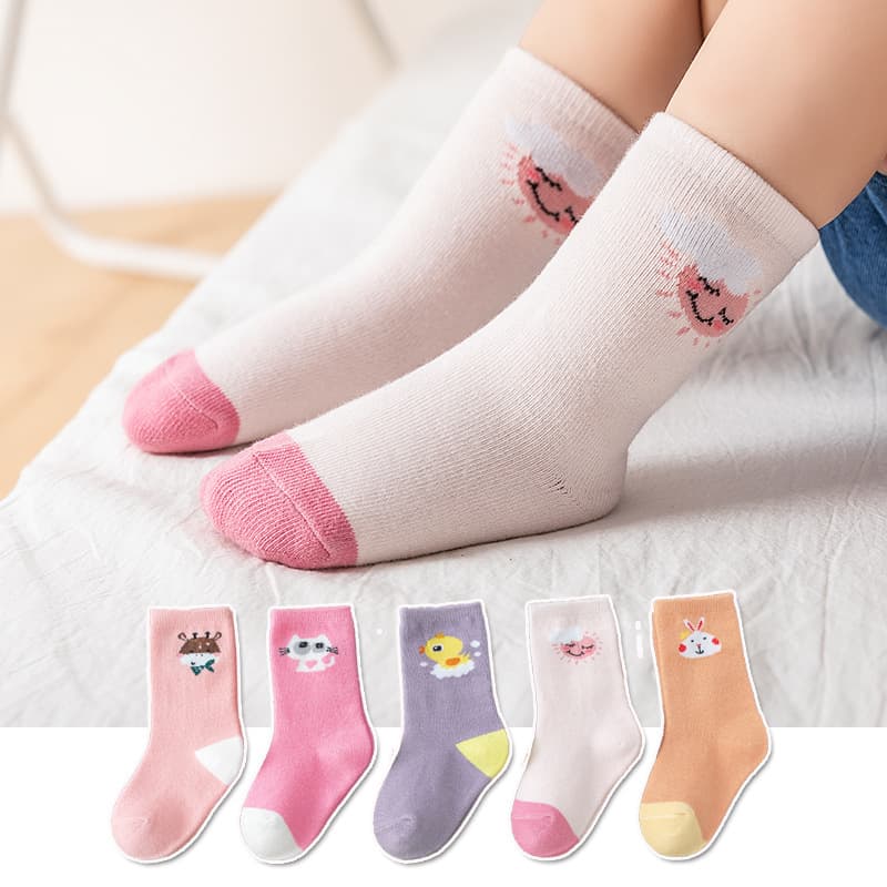 5pairs/set children's socks mid-calf length socks baby cotton floor socks cute baby socks