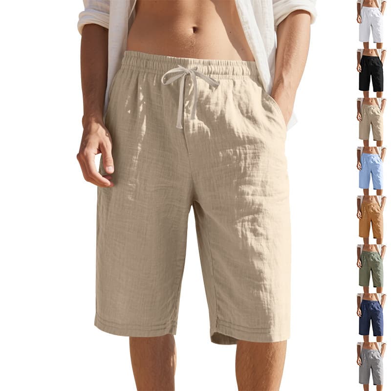 Men's Clothing New Linen Shorts Drawstring Elastic Waist Straight Leg Solid Color Breathable Daily Beach Seven Point Casual Shorts Men
