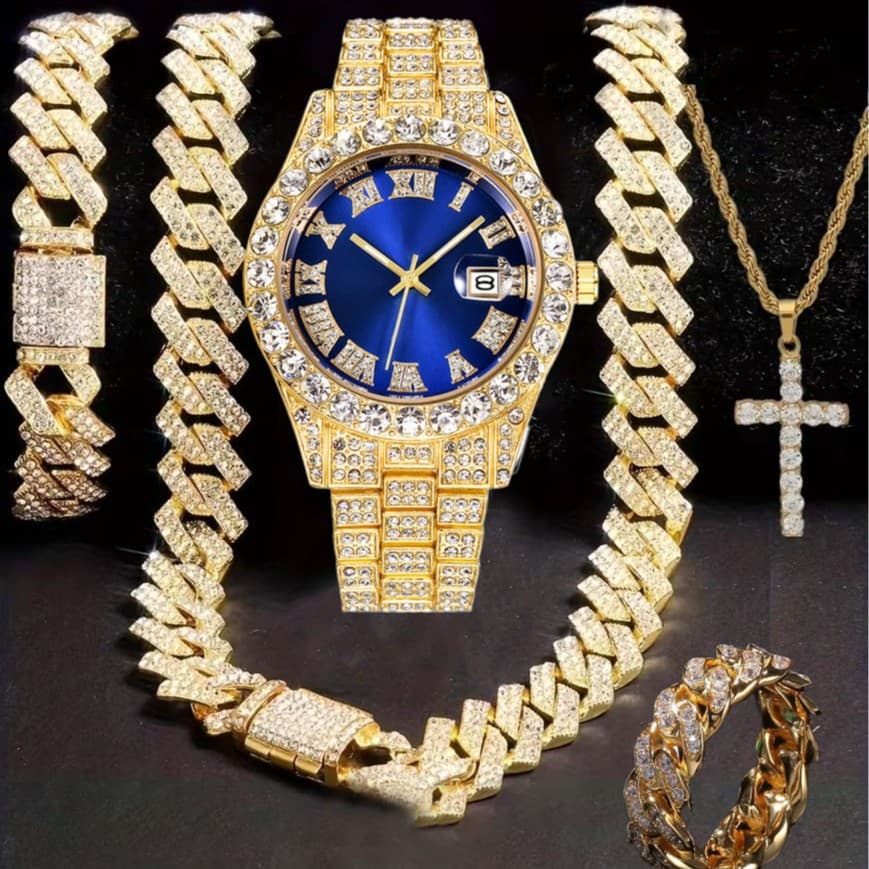 Montre hip-hop sertie de diamants, ensemble de cinq pièces, avec collier en forme de croix et bague cubaine