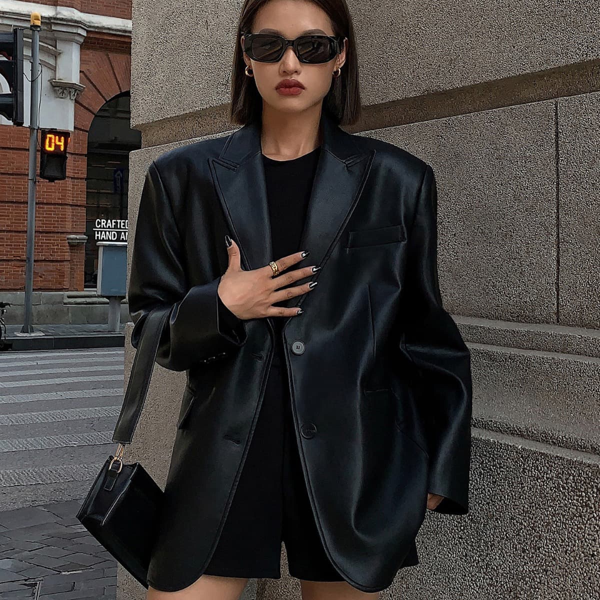 Women's Clothing Stylish Black PU Leather Blazer Jacket - Oversized Lapel Coat For Office & Casual Wear