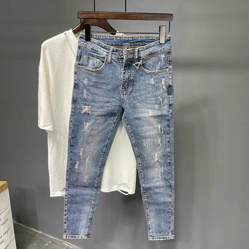Men's Clothing 2025 New Nine Point Jeans Men's Net Celebrity Skinny Pants Korean Style Trendy Retro Elastic Personality Embroidery Scratched Beggar