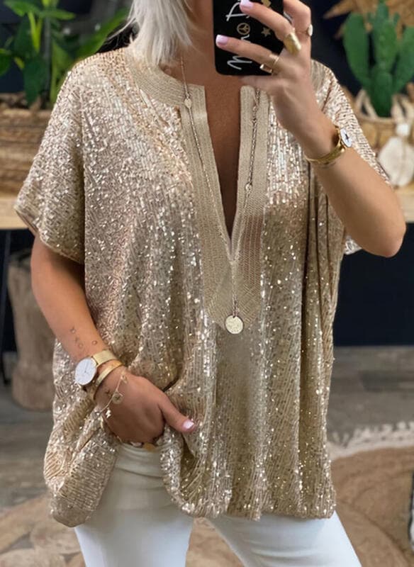 Women's new loose sequined V-neck short-sleeved casual shirt