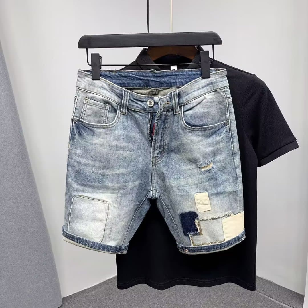 Men's Clothing Retro Washed Hole Loose Denim Shorts Men's Trendy Brand Old Elastic Slim Fit Shorts Beggar Pants