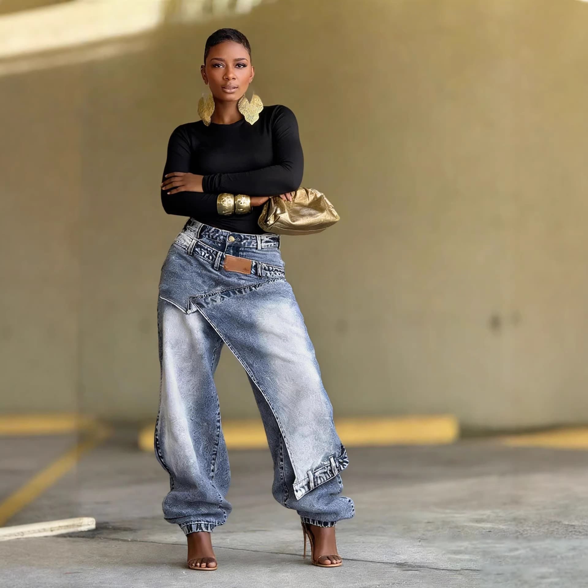 Women's Clothing Women's Denim Jeans Cross-Over Design Deconstructed Layered Washed For Formal & Casual For Women