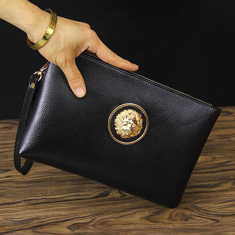 Large Capacity Soft Leather Lion Head Bag Business Trend Men's Envelope Wallet Handbag