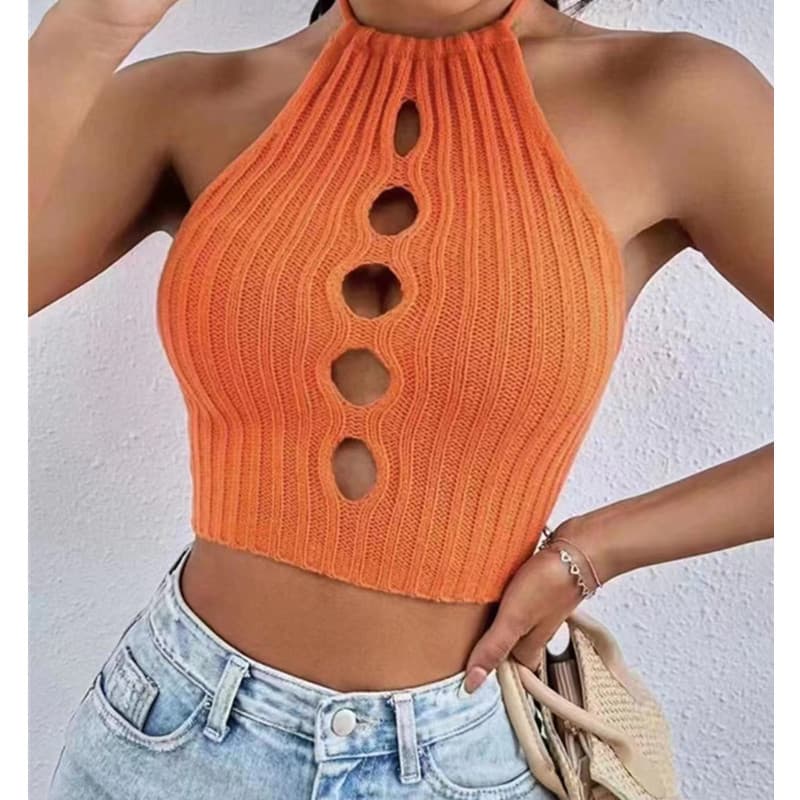 Women's New Slim Fit Sexy Knitted Top Careful Hollow Halter Neck Vest Women